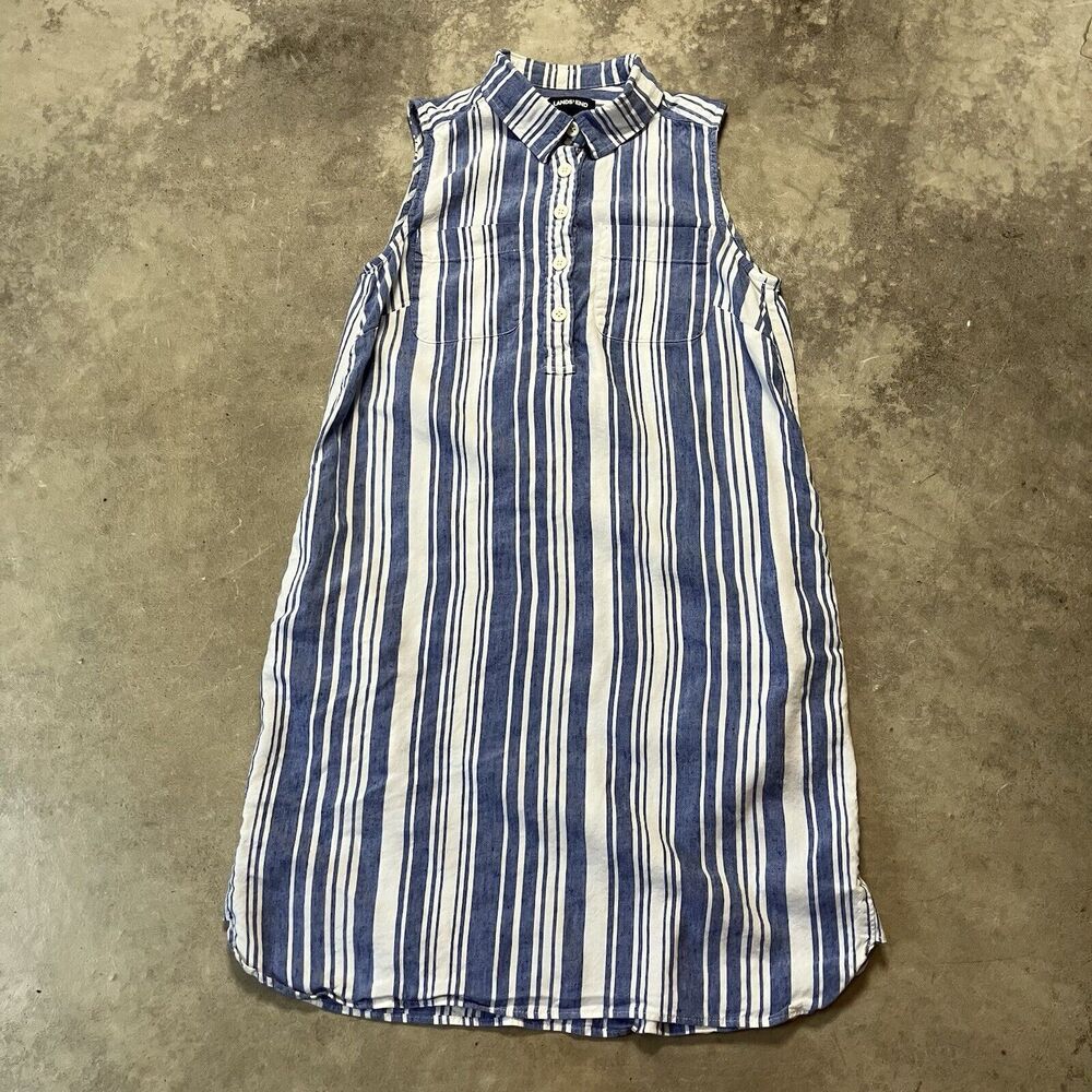 Lands End Dress Womens‎ 8 Linen Blend Striped Sleeveless 1/4 Button Pockets